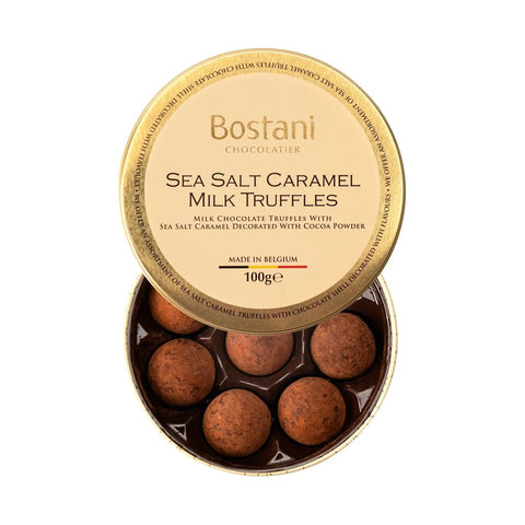 Gift tin of Jag Couture London sea salt caramel milk chocolate truffles rolled in cocoa powder, 11 x 3.6cm.