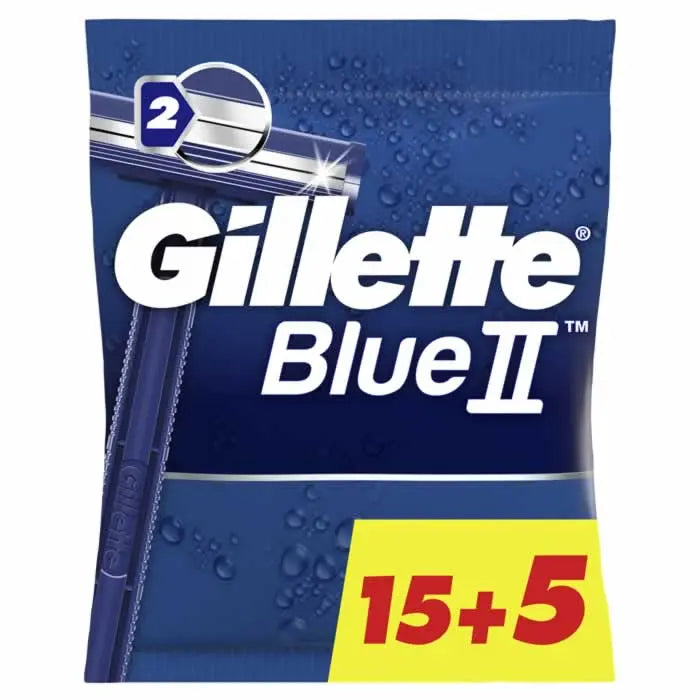 Gillette Blue II razor blades from Jag Couture London – New York, 15+5 units, close-up of blades and packaging.