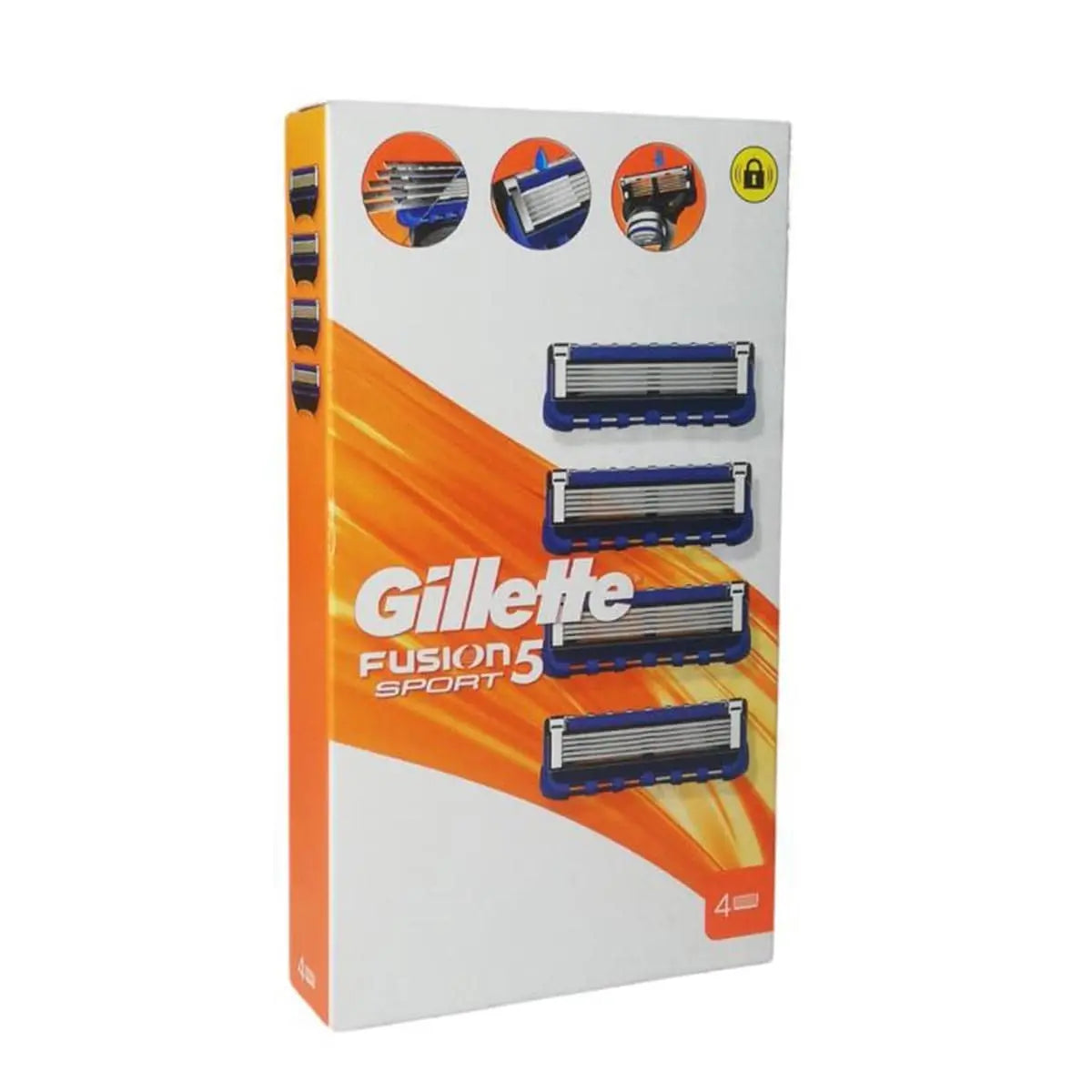 Gillette Fusion Sport 5 replacement razor blades pack with 4 units, shown in a sleek packaging design.