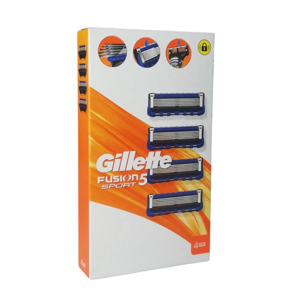 Gillette Fusion Sport 5 razor blade replacement pack with 4 blades, designed for a close, comfortable shave.