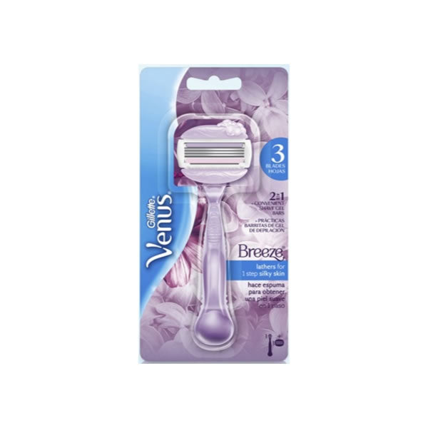 Gillette Venus Breeze Razor by Jag Couture London - New York, close-up of the sleek pink and white razor with ergonomic handle.