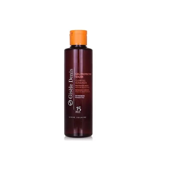 Gisèle Denis Clear Gel Sunscreen SPF15 by Jag Couture London, 200ml, showing the transparent gel texture in a sleek container.