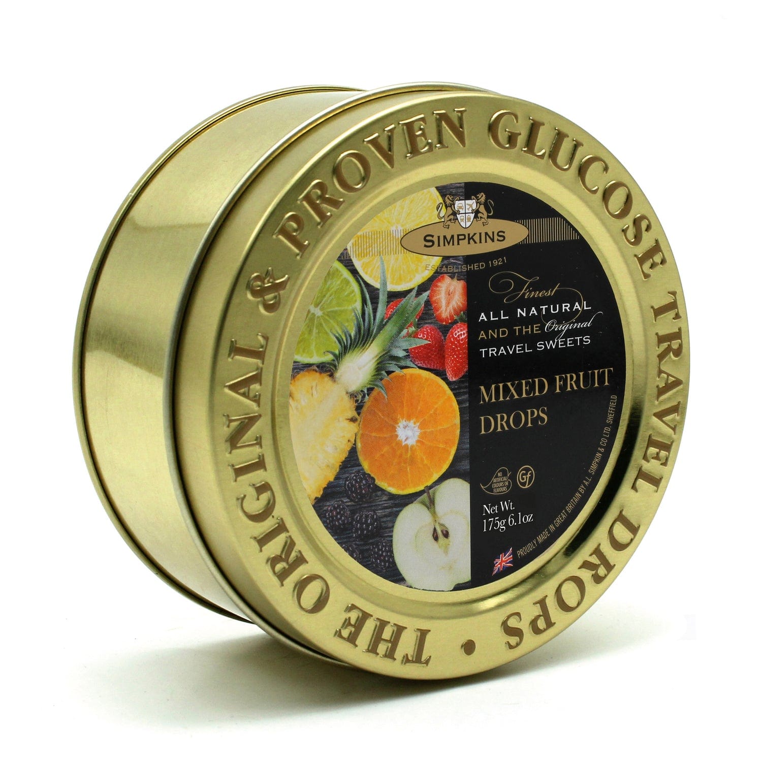 Gold embossed tin of Jag Couture London - New York mixed fruit flavor travel sweets with colorful fruit illustrations.
