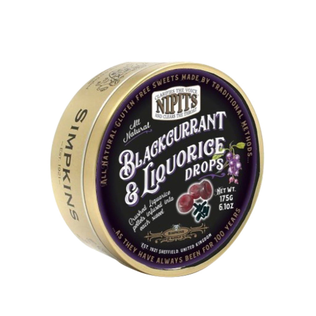 Gold tin of blackcurrant and liquorice Nipit travel sweets by Jag Couture London - New York, with colorful sweets inside.