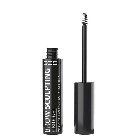 Gosh Brow Sculpting Fibre Gel in 001 Nutmeg, 8ml tube, showcasing the brow gel's texture and packaging from Jag Couture London - New York.
