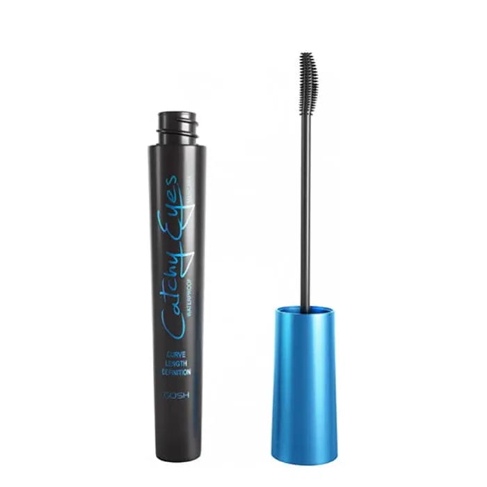 Gosh Catchy Eyes Waterproof Mascara in black, 8ml, by Jag Couture London - New York, showing the mascara wand and brush.