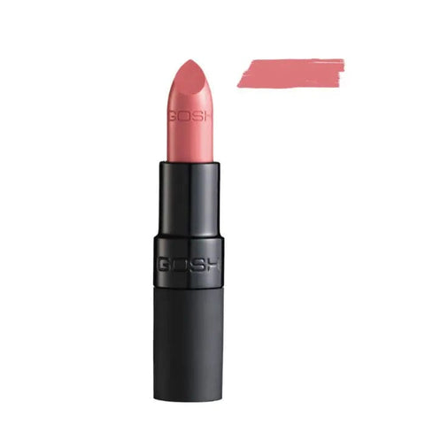 Jag Couture London Gosh Velvet Touch Lipstick in shade 002 Matt Rose, showcasing the rich pink lipstick in a sleek tube.