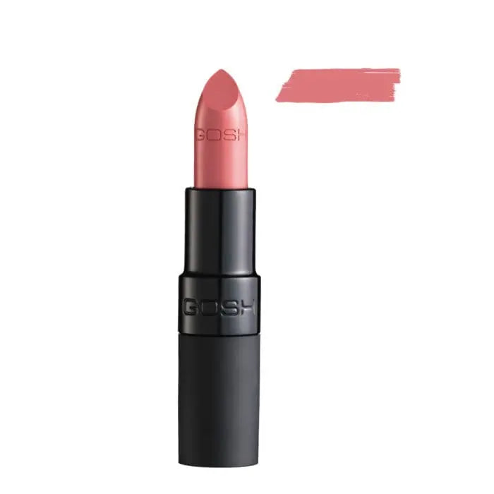 Jag Couture London Velvet Touch Lipstick 002 Matt Rose, close-up of the lipstick tube with the lipstick partially extended.
