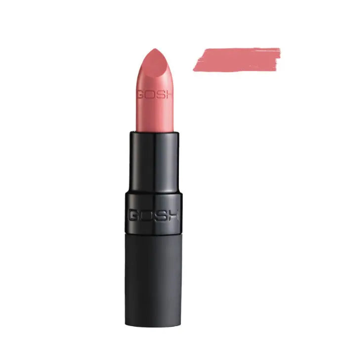 Jag Couture London Velvet Touch Lipstick 002 Matt Rose, displaying a sleek tube and the vibrant matte rose shade.