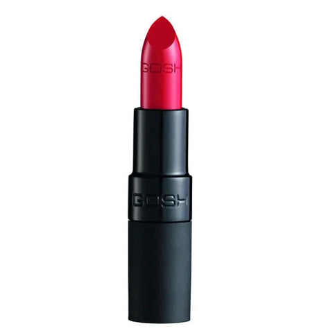 Jag Couture London New York Gosh Velvet Touch Lipstick 005 Matt Classic Red, close-up of the lipstick tube with red lipstick.
