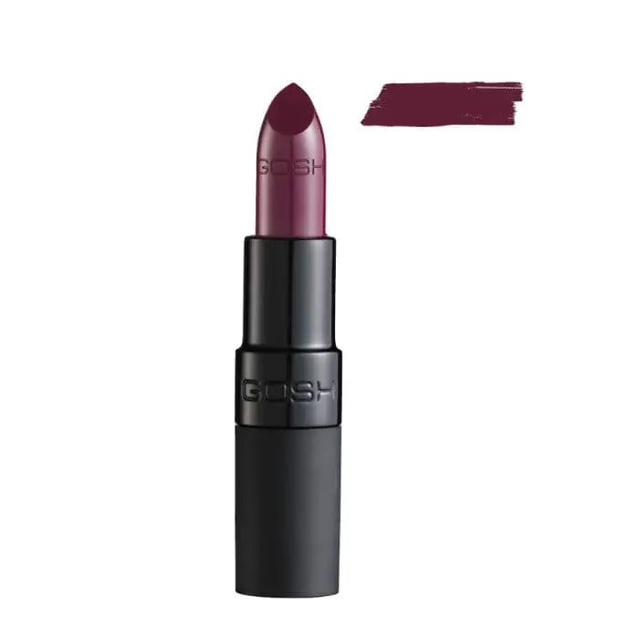 Gosh Velvet Touch Lipstick 008 Matt Plum by Jag Couture London New York, showing the deep matte purple lipstick in its packaging.
