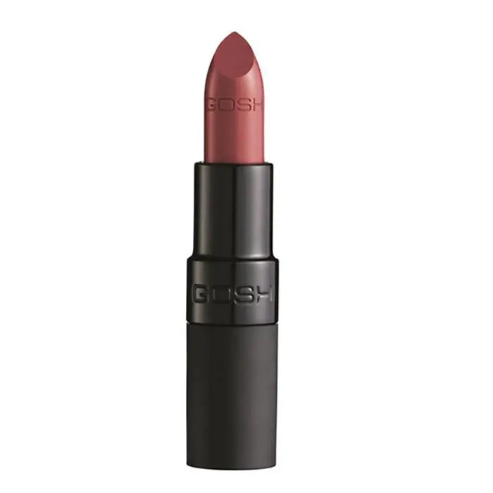 Jag Couture London Velvet Touch Lipstick 014 Matt Cranberry, close-up of deep red matte lipstick in sleek tube.