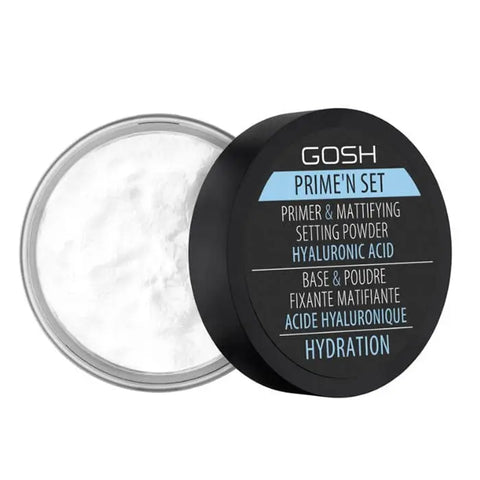 Jag Couture London Gosh Velvet Touch Prime'n Set Powder 003 Hydration in 7g container, close-up of the silky powder and packaging.