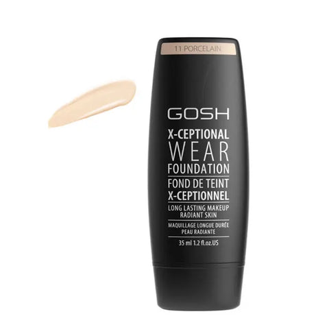 Gosh X-Ceptional Wear Foundation in shade 11 Porcelain, long-lasting makeup, 35ml bottle, by Jag Couture London New York