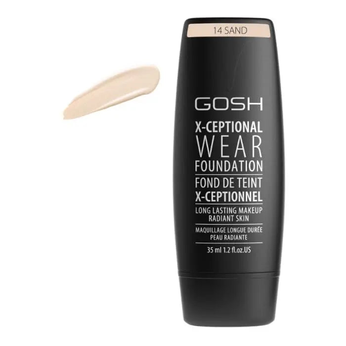 Jag Couture London Gosh X-Ceptional Wear Foundation in 14 Sand, long-lasting makeup in a 35ml bottle.