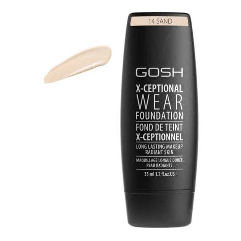 Jag Couture London Gosh X-Ceptional Wear Foundation in 14 Sand, long-lasting makeup in a 35ml bottle.