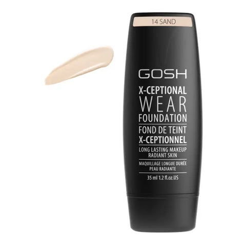 Jag Couture London Gosh X-Ceptional Wear Foundation in 14 Sand, long-lasting makeup, 35ml bottle, smooth and natural finish