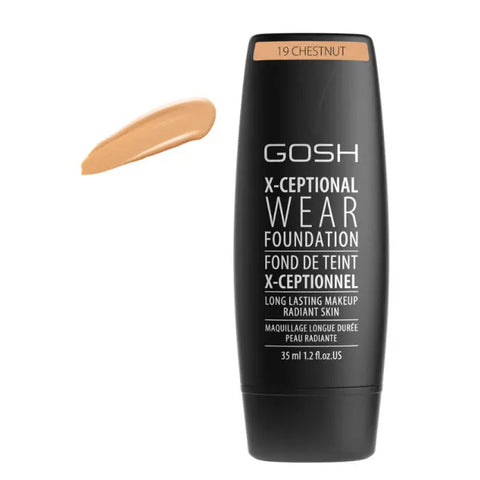 Gosh X-Ceptional Wear Foundation in Chestnut, long-lasting makeup, 35ml bottle with smooth, even skin tone coverage.