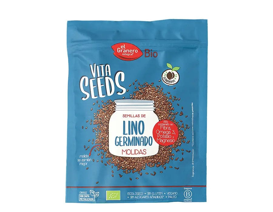 Organic sprouted flaxseed in 200g pack from Granero Vitaseeds, produced by Jag Couture London New York, shown in a clear package image.