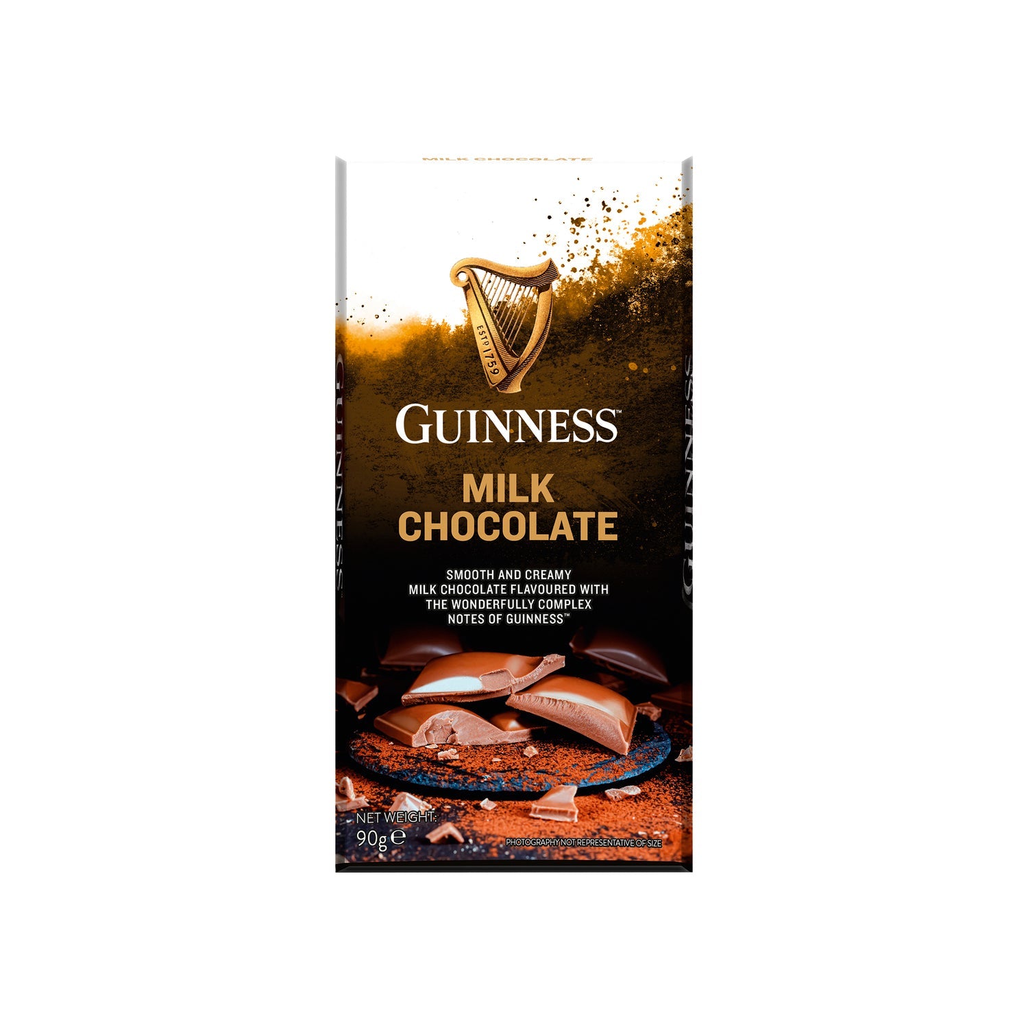 Jag Couture London New York Guinness milk chocolate bar, close-up of the smooth, creamy chocolate with Guinness flavor details.