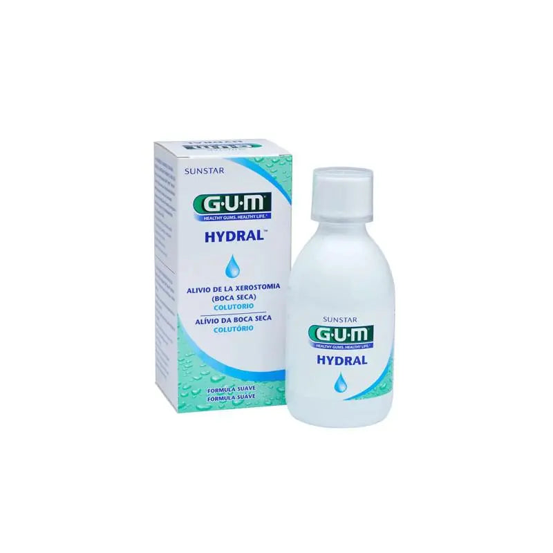 Gum Hydral Mouthwash 300ml by Jag Couture London - New York, clear bottle with blue liquid, label details visible.