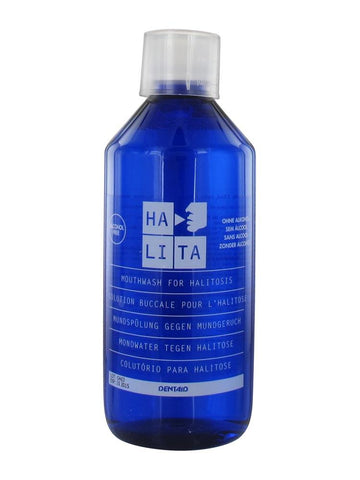 Jag Couture London New York Halita mouthwash bottle, 500ml, with blue liquid and label visible in the image.