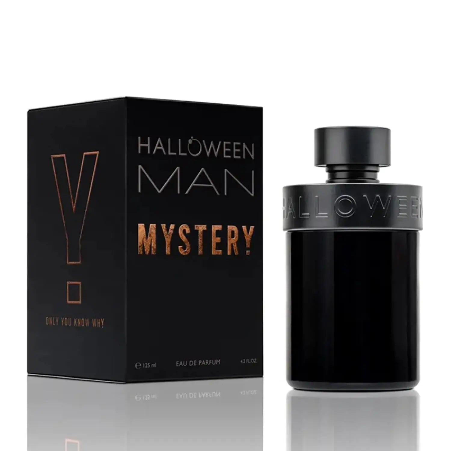 Halloween Man Mystery Eau De Parfum Spray by Jag Couture London New York, featuring a sleek black bottle with silver accents.