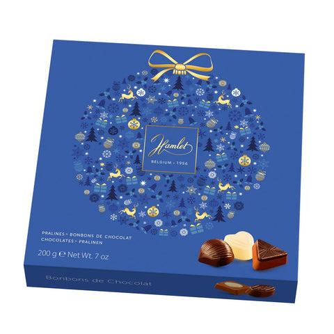 Hamlet blue carton of assorted pralines with bauble design by Jag Couture London New York, featuring decorative packaging.