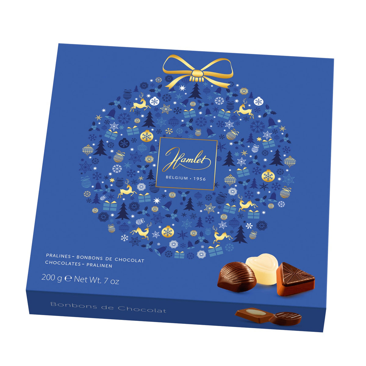 Hamlet blue carton of assorted pralines with bauble design by Jag Couture London New York, featuring elegant packaging and colorful chocolates.