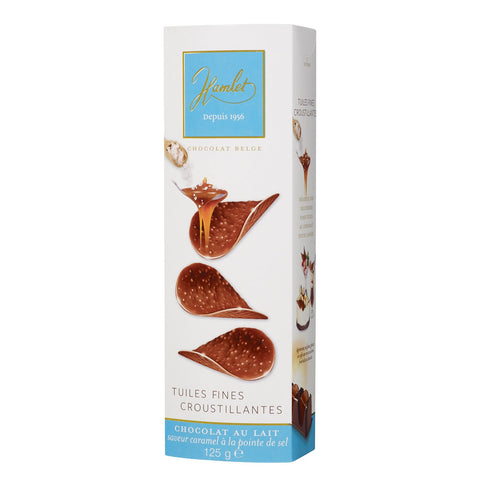 Hamlet caramel sea salt flavored milk chocolate thins by Jag Couture London - New York, showcasing thin, caramel-filled chocolate pieces