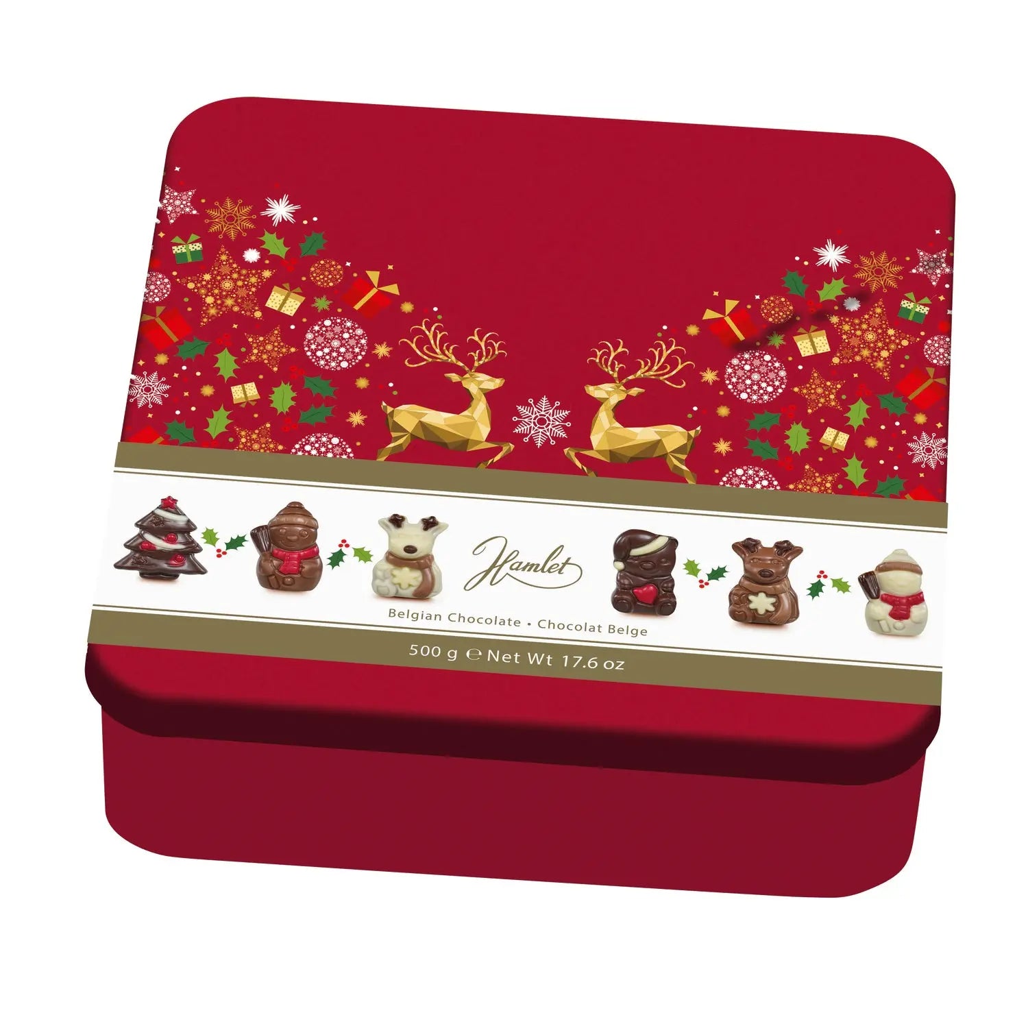 Festive red gift box of Christmas figures with hazelnut praline filling by Jag Couture London - New York.