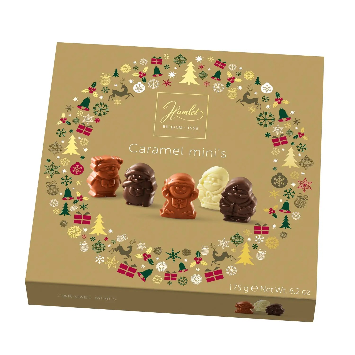 Hamlet gold carton of assorted chocolate caramel-filled Christmas figures by Jag Couture London and New York.
