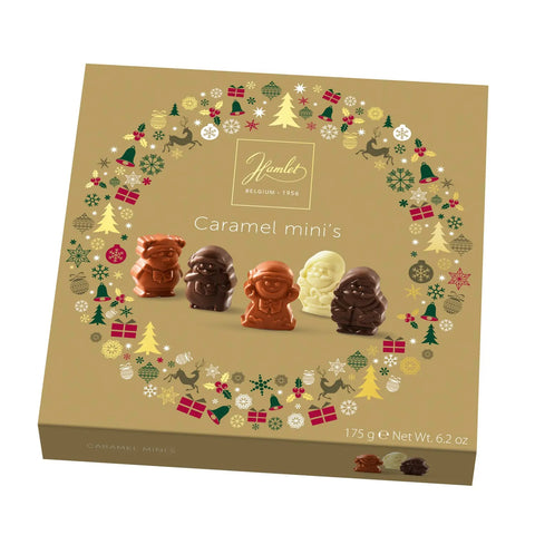 Hamlet gold carton of assorted chocolate caramel-filled Christmas figures by Jag Couture London and New York.