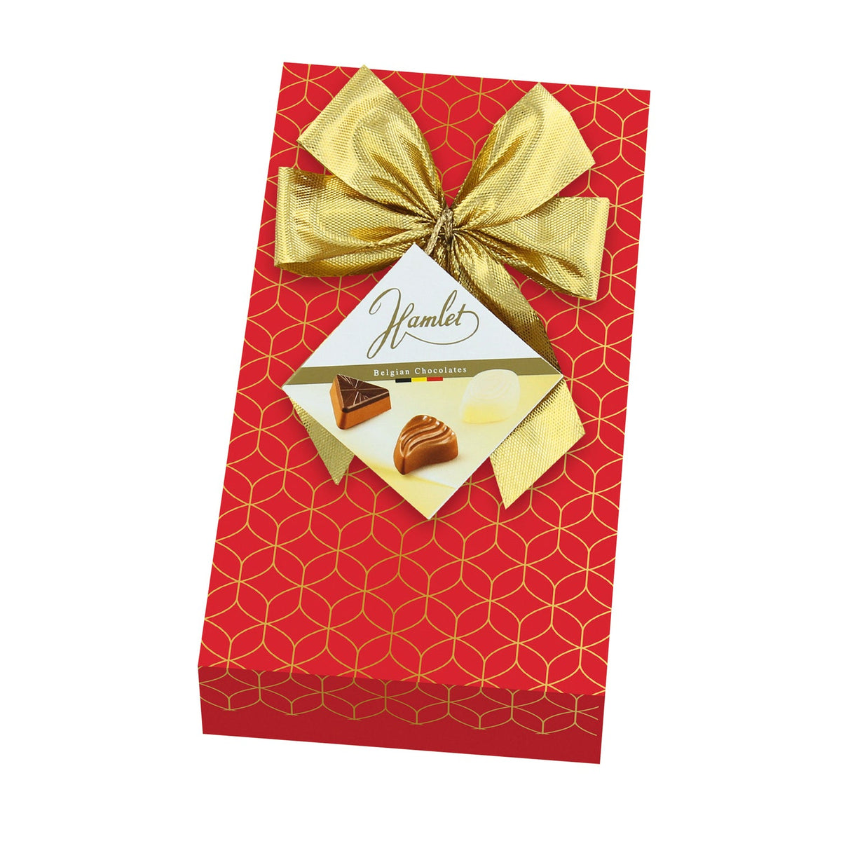 Hamlet red carton of assorted chocolates with gold bow by Jag Couture London - New York, elegant gift box with luxurious chocolates
