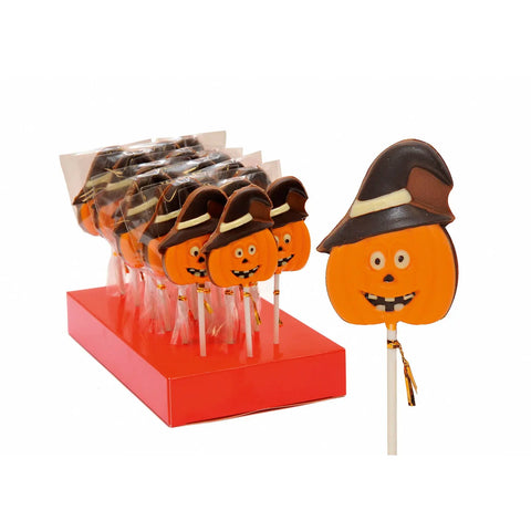 Hand-decorated solid milk chocolate pumpkin with hat lolly from Jag Couture London New York, detailed chocolate craft with festive design.