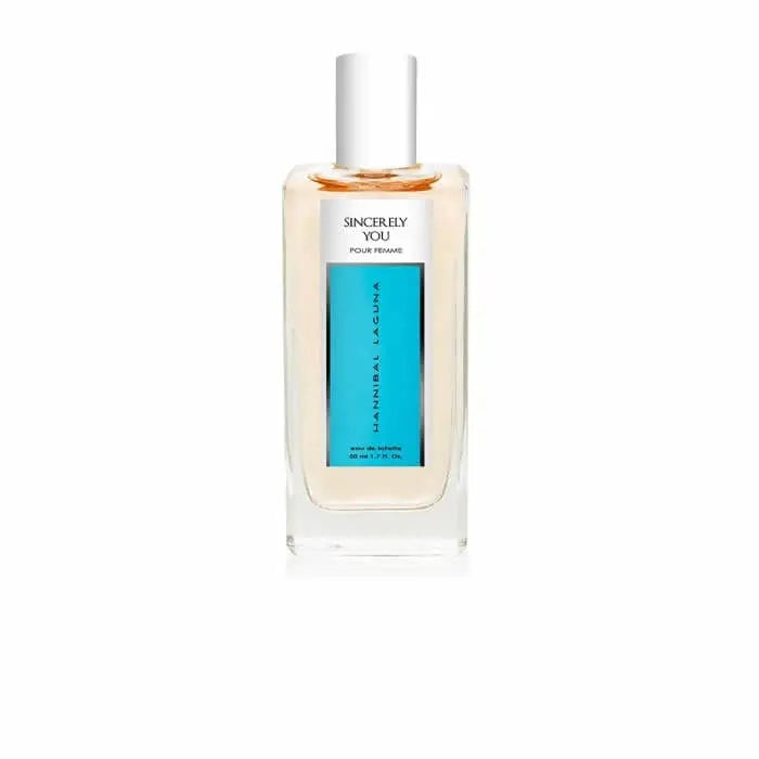 Hannibal Laguna Sincerely You Pour Femme Eau de Toilette 50ml spray, elegant perfume bottle with floral design, on a white background.