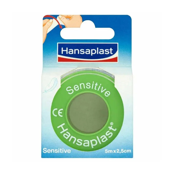 Hansaplast Sensitive Tape 5m x 2.5cm by Jag Couture London - New York, showing clear, skin-friendly medical tape on a white background.