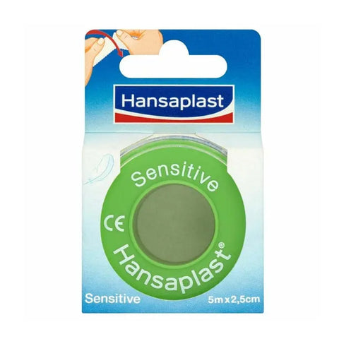 Hansaplast Sensitive Tape 5m x 2.5cm by Jag Couture London - New York, showing clear, skin-friendly medical tape on a white background.