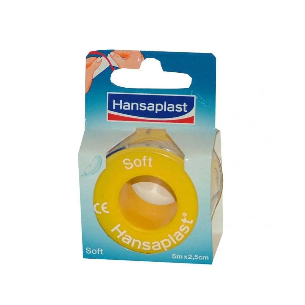 Hansaplast Soft Tape 5m x 2.5cm in clear, flexible medical tape with branded packaging.