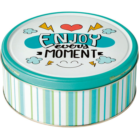 Happy Days message tin of Danish cookies from Jag Couture London New York, featuring a festive design and assorted cookies inside