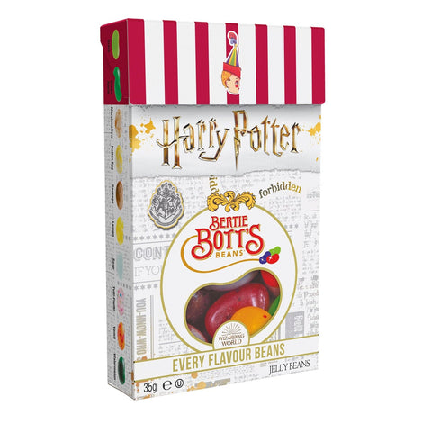 Harry Potter Bertie Bott's Every Flavour Beans in window pocket pack by Jag Couture London - New York, colorful jelly beans visible inside.