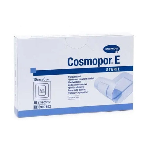 Sterile absorbent adhesive dressing by Hartmann Cosmopor E, 10x6cm, shown in a package of 10 units.