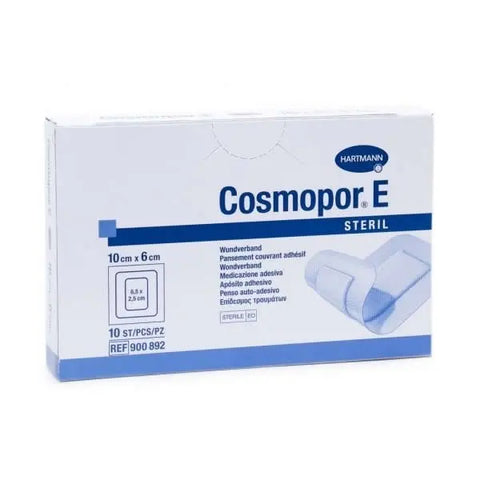 Hartmann Cosmopor E sterile absorbent adhesive dressings, 10x6cm, in a pack of 10, used for wound care, by Jag Couture London New York