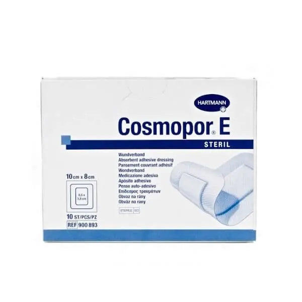 Hartmann Cosmopor E steril absorbent adhesive dressing, 10x8cm, 10 units, designed for wound protection and healing.