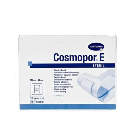 Hartmann Cosmopor E steril absorbent adhesive dressing, 10x8cm, 10 units, designed for wound protection and healing.