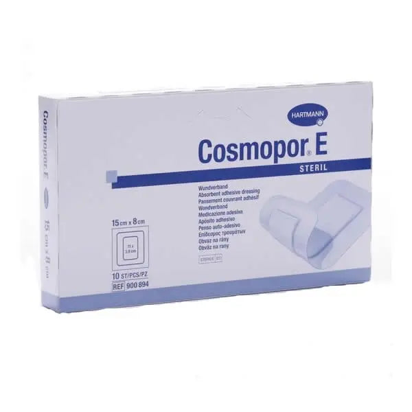 Hartmann Cosmopor E sterile absorbent adhesive dressings in 15x8cm size, 10 units, used for wound care.