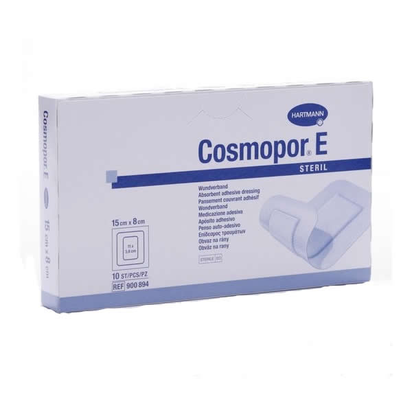 Sterile Hartmann Cosmopor E absorbent adhesive dressings in 15x8cm packs, designed for wound care, by Jag Couture London - New York