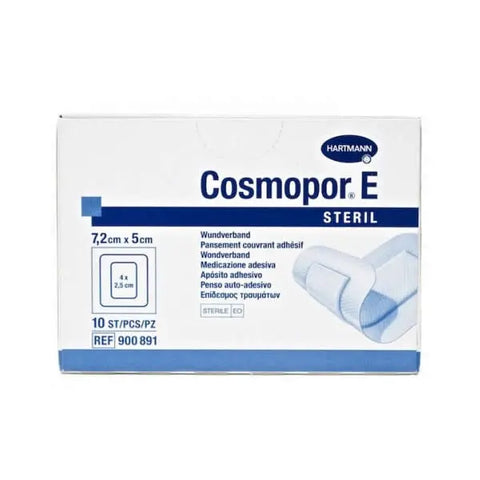 Hartmann Cosmopor E steril absorbent adhesive dressing, 7.2x5cm, 10 pack, used for wound care and wound protection.