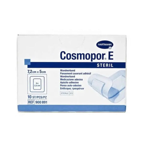 Hartmann Cosmopor E steril adhesive dressings, 7.2x5cm, 10 units, absorbent medical dressings for wound care.
