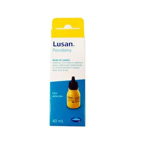 Hartmann Lusan Povidone antiseptic solution in a 40ml bottle, used for wound care and skin cleansing.